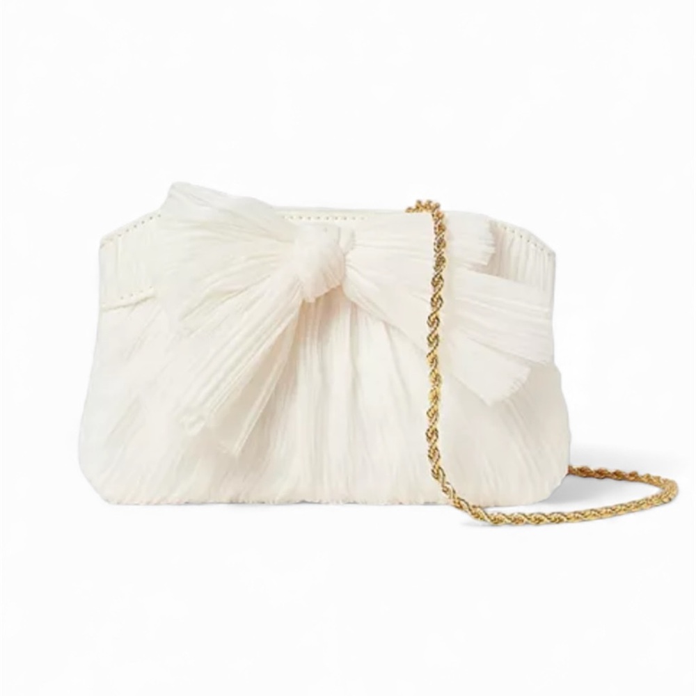 Loeffler Randall Rochelle Mini Pleated Bow Clutch Pearl Ivory Bridal NEW